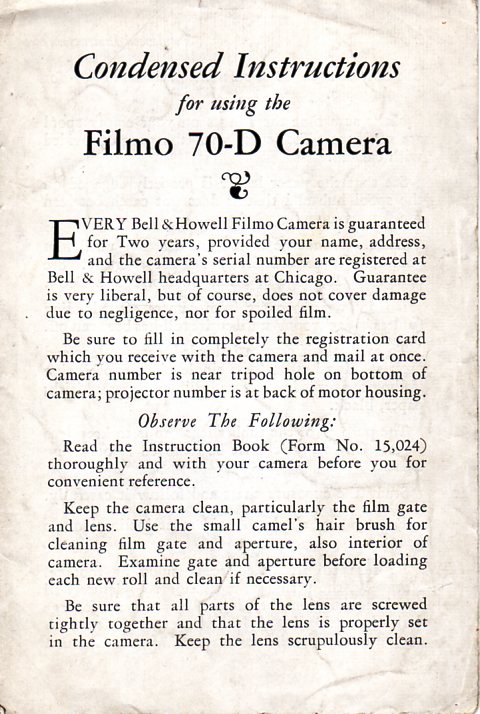 BELL & HOWELL Filmo 70 D Condensed Instructions (en)